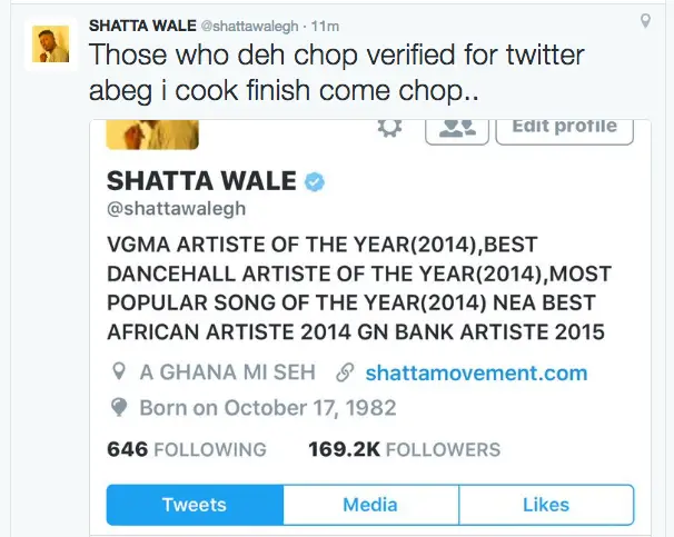 Shatta Wale gets verified on Twitter